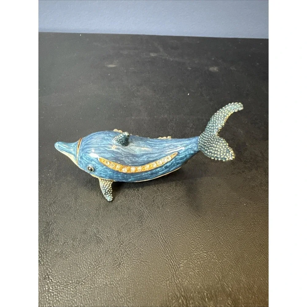 Enamel Trinket Box Blue Dolphin Porpoise Fish Rhinestones Ocean Beach‎ 3 1/2